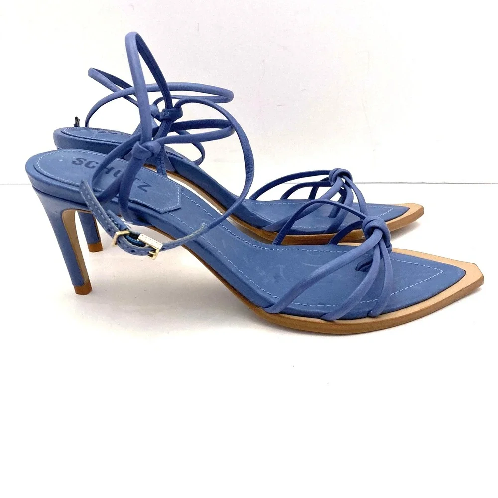 Schutz Abby Blue Leather Point Toe Strappy Wrap Around Stiletto Heels Womens 6.5